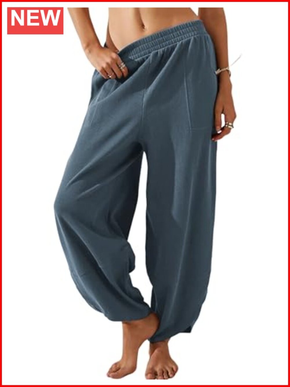 Women Cotton Wide Leg Casual Pants Elastic Waist Baggy Harem Beach Palazzo